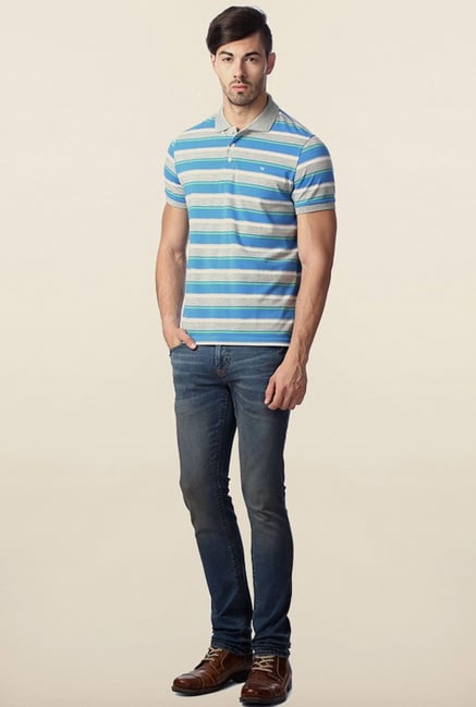 Peter England Blue & Grey Striped Polo T-Shirt Peter England Blue & Grey Striped Polo T-Shirt