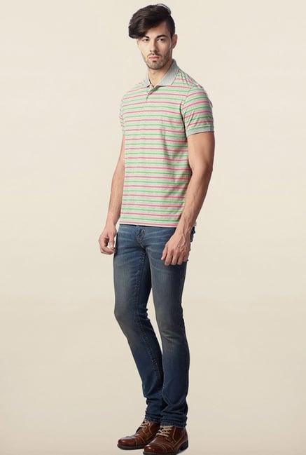 Peter England Grey Striped Polo T-Shirt Peter England Grey Striped Polo T-Shirt