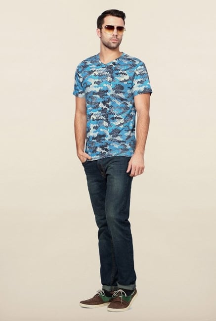 Peter England Blue Camo Print V Neck T-Shirt Peter England Blue Camo Print V Neck T-Shirt