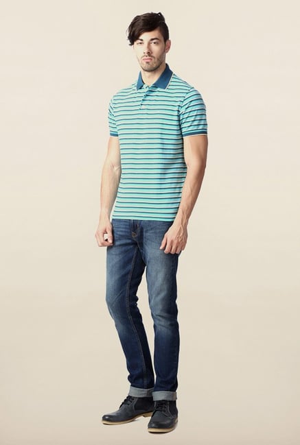Peter England Blue & Navy Striped Polo T-Shirt Peter England Blue & Navy Striped Polo T-Shirt
