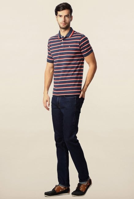 Peter England Navy Striped Polo T-Shirt Peter England Navy Striped Polo T-Shirt
