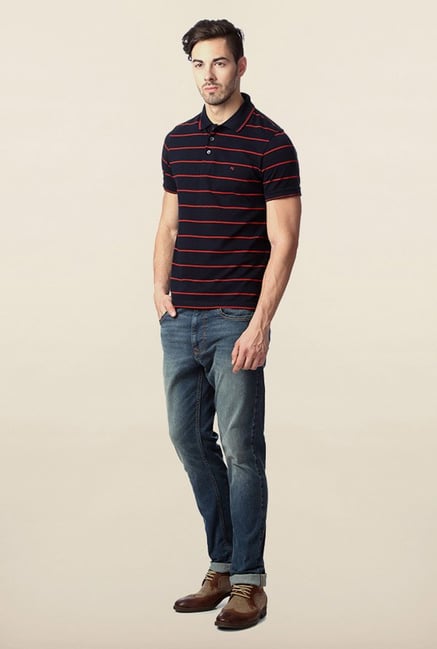 Peter England Navy Striped Polo T-Shirt Peter England Navy Striped Polo T-Shirt