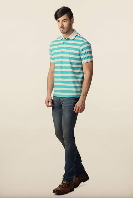 Peter England White & Blue Striped Polo T-Shirt Peter England White & Blue Striped Polo T-Shirt