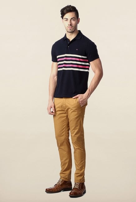 Peter England Navy Striped Polo T-Shirt Peter England Navy Striped Polo T-Shirt