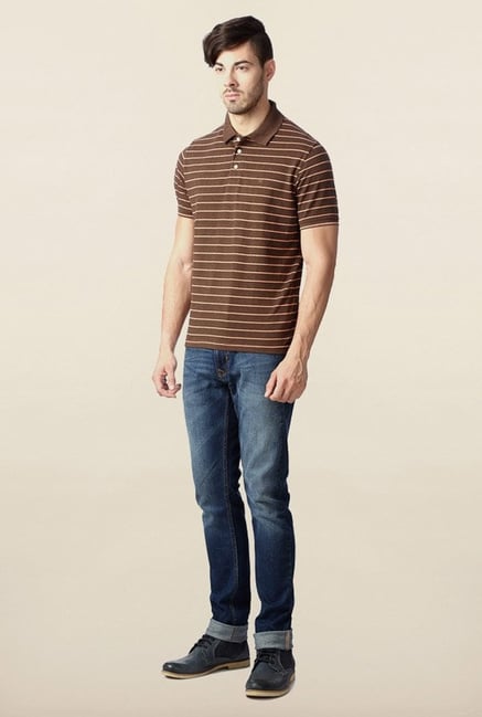 Peter England Brown Striped Polo T-Shirt Peter England Brown Striped Polo T-Shirt