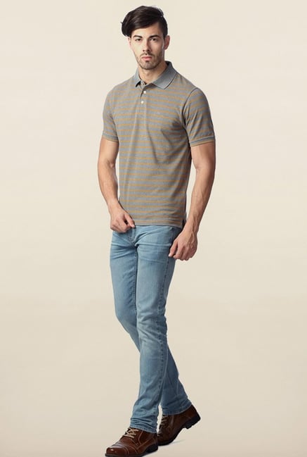 Peter England Grey Striped Polo T-Shirt Peter England Grey Striped Polo T-Shirt