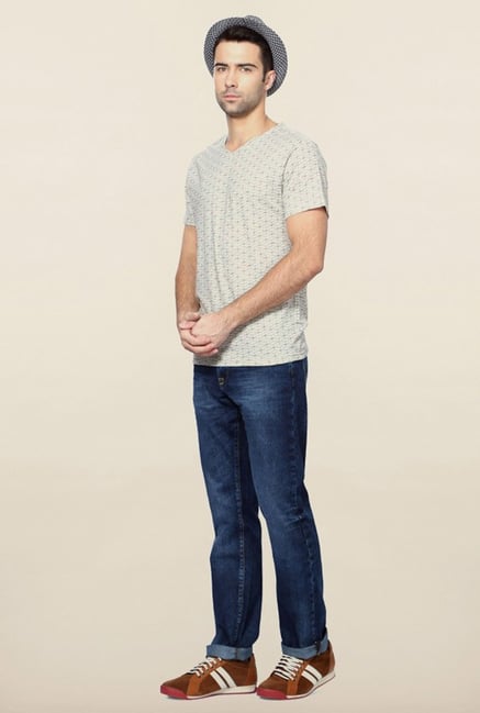 Peter England Grey Geometric Print V Neck T-Shirt Peter England Grey Geometric Print V Neck T-Shirt