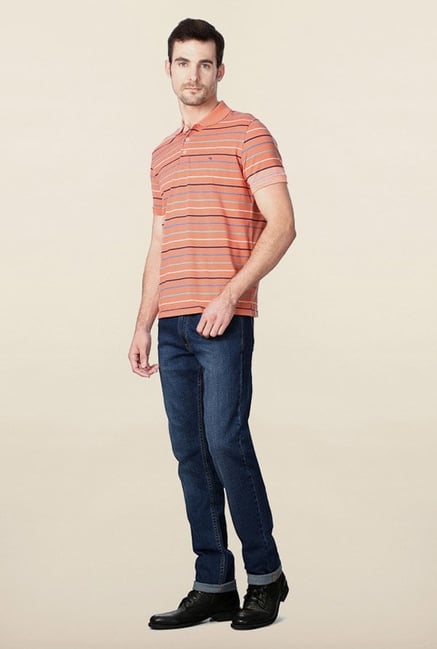 Peter England Peach Striped Polo T-Shirt Peter England Peach Striped Polo T-Shirt