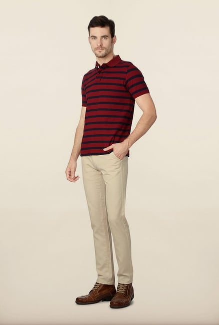 Peter England Maroon & Navy Striped Polo T-Shirt Peter England Maroon & Navy Striped Polo T-Shirt