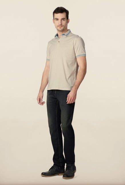 Peter England Beige & White Pin Stripes Polo T-Shirt Peter England Beige & White Pin Stripes Polo T-Shirt