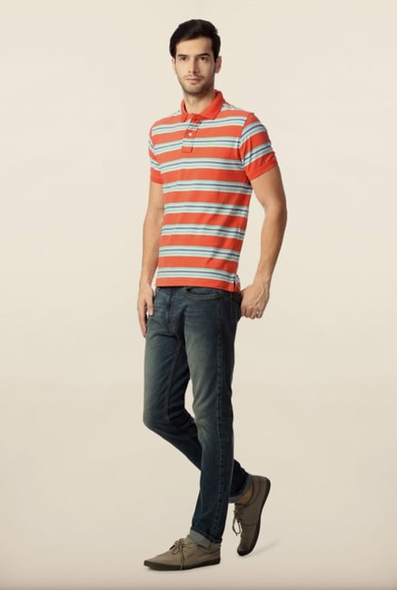 Peter England Orange & Blue Striped Polo T-Shirt Peter England Orange & Blue Striped Polo T-Shirt