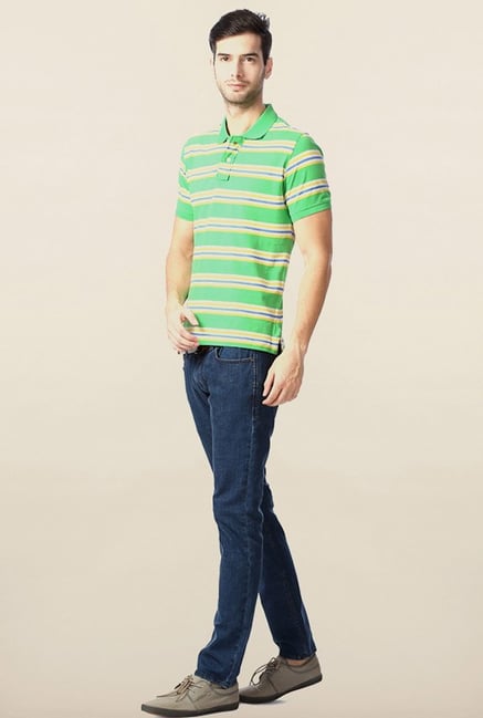 Peter England Green & Yellow Striped Polo T-Shirt Peter England Green & Yellow Striped Polo T-Shirt