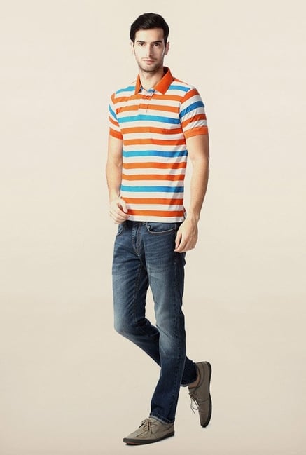 Peter England Orange & White Striped Polo T-Shirt Peter England Orange & White Striped Polo T-Shirt