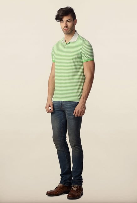 Peter England Green & White Striped Polo T-Shirt Peter England Green & White Striped Polo T-Shirt