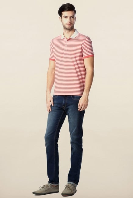 Peter England Pink & White Striped Polo T-Shirt Peter England Pink & White Striped Polo T-Shirt