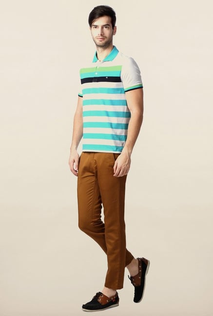Peter England White & Aqua Blue Striped Polo T-Shirt Peter England White & Aqua Blue Striped Polo T-Shirt