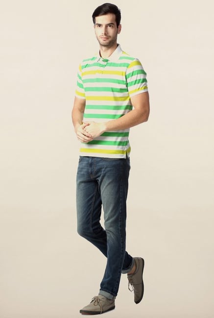 Peter England White & Green Striped Polo T-Shirt Peter England White & Green Striped Polo T-Shirt