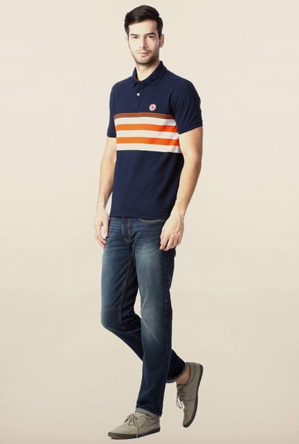 Peter England Navy Striped Polo T-Shirt Peter England Navy Striped Polo T-Shirt