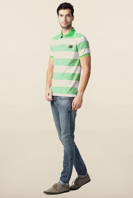 Peter England Green & White Striped Polo T-Shirt Peter England Green & White Striped Polo T-Shirt