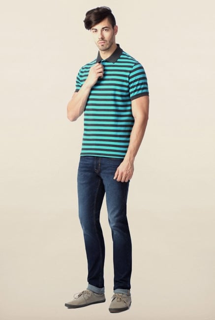 Peter England Blue & Grey Striped Polo T-Shirt Peter England Blue & Grey Striped Polo T-Shirt