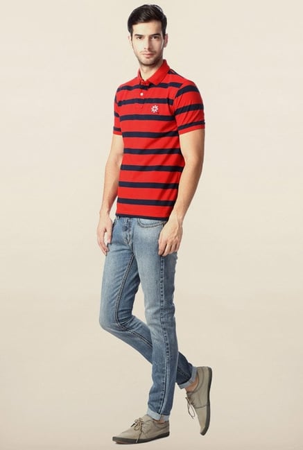 Peter England Red & Navy Striped Polo T-Shirt Peter England Red & Navy Striped Polo T-Shirt