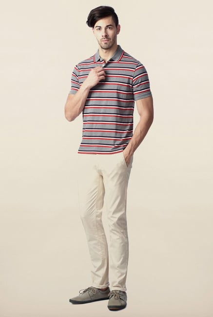 Peter England Grey & Red Striped Polo T-Shirt Peter England Grey & Red Striped Polo T-Shirt