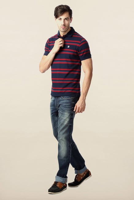 Peter England Navy Striped Polo T-Shirt Peter England Navy Striped Polo T-Shirt