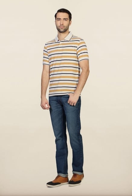 Peter England Yellow & Navy Striped Polo T-Shirt Peter England Yellow & Navy Striped Polo T-Shirt
