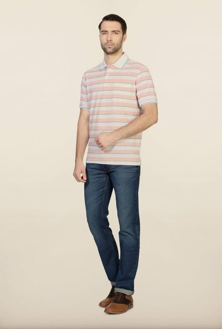 Peter England White & Pink Striped Polo T-Shirt Peter England White & Pink Striped Polo T-Shirt
