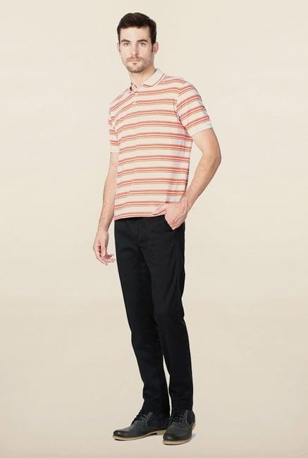 Peter England White & Orange Striped Polo T-Shirt Peter England White & Orange Striped Polo T-Shirt