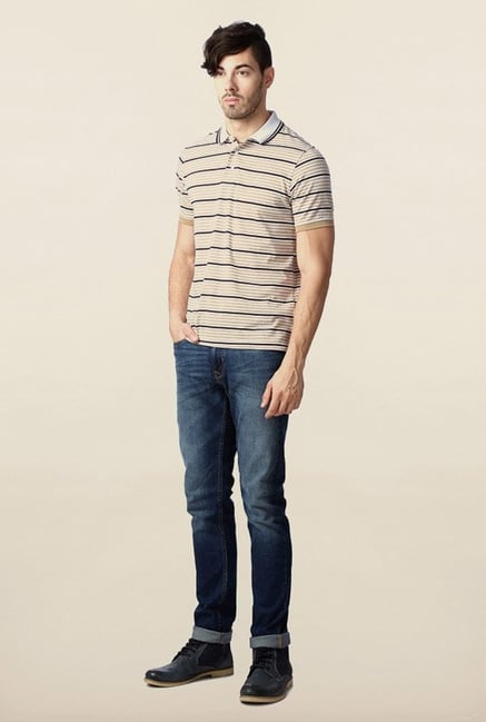 Peter England Beige Striped Polo T-Shirt Peter England Beige Striped Polo T-Shirt