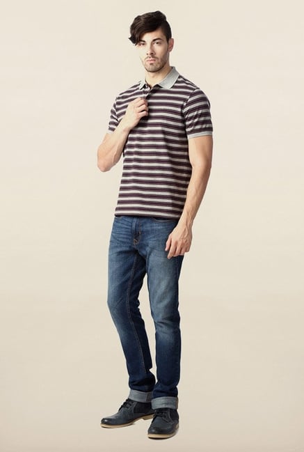 Peter England Purple & Grey Striped Polo T-Shirt Peter England Purple & Grey Striped Polo T-Shirt