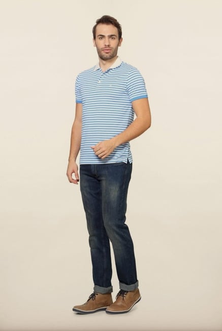 Peter England Blue & White Striped Polo T-Shirt Peter England Blue & White Striped Polo T-Shirt
