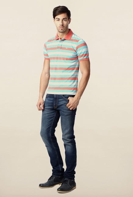 Peter England Peach & Blue Striped Polo T-Shirt Peter England Peach & Blue Striped Polo T-Shirt