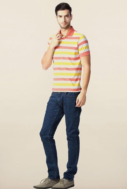 Peter England Yellow & Pink Striped Polo T-Shirt Peter England Yellow & Pink Striped Polo T-Shirt