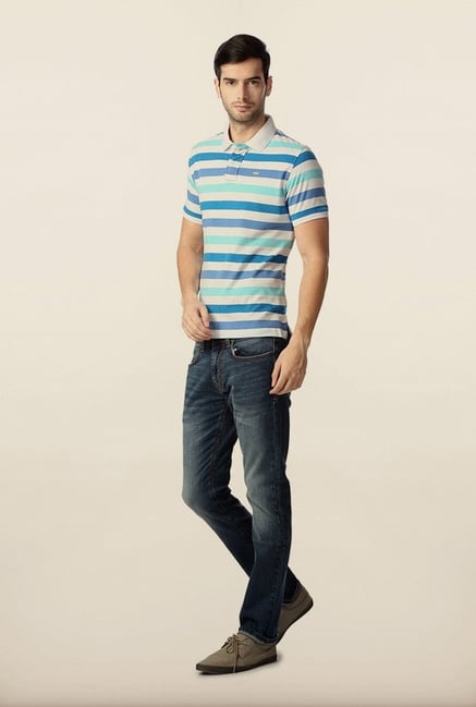 Peter England Blue & White Striped Polo T-Shirt Peter England Blue & White Striped Polo T-Shirt