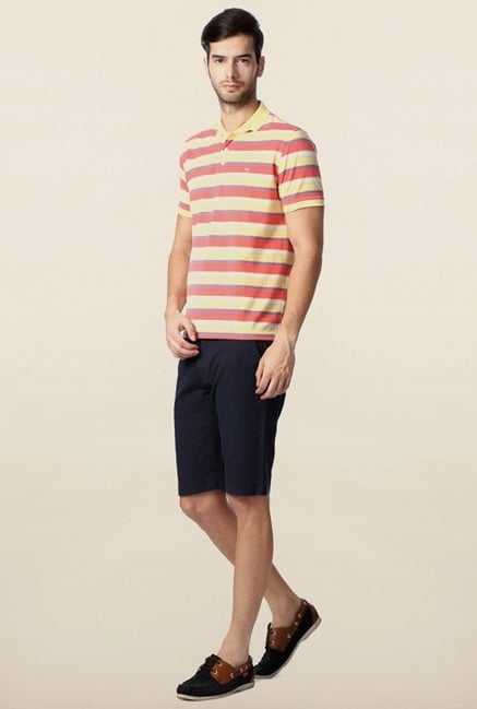 Peter England Yellow & Pink Striped Polo T-Shirt Peter England Yellow & Pink Striped Polo T-Shirt