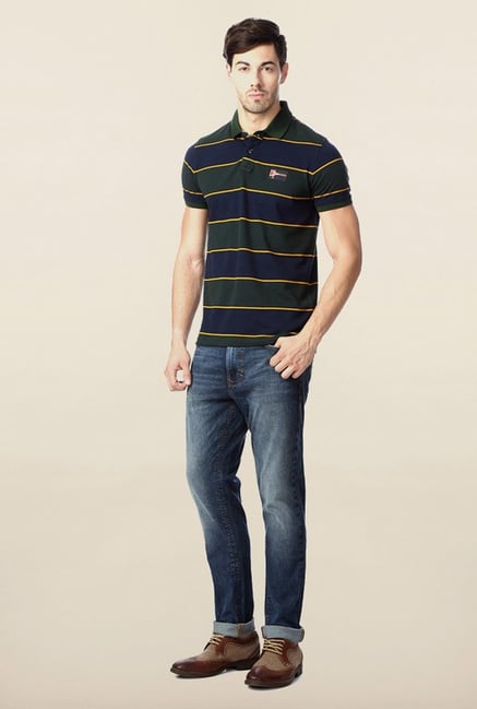 Peter England Green & Navy Striped Polo T-Shirt Peter England Green & Navy Striped Polo T-Shirt