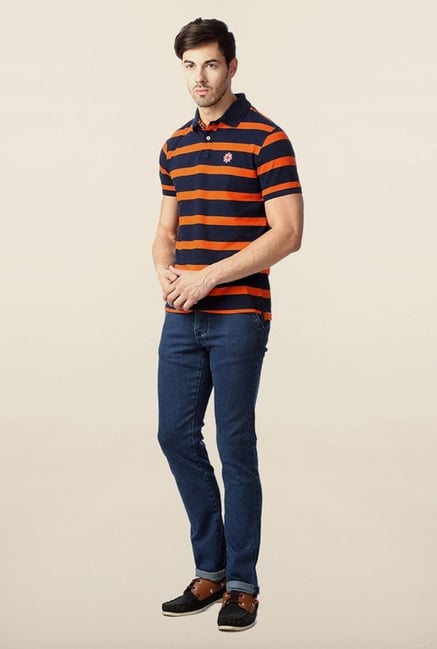 Peter England Orange & Navy Striped Polo T-Shirt Peter England Orange & Navy Striped Polo T-Shirt