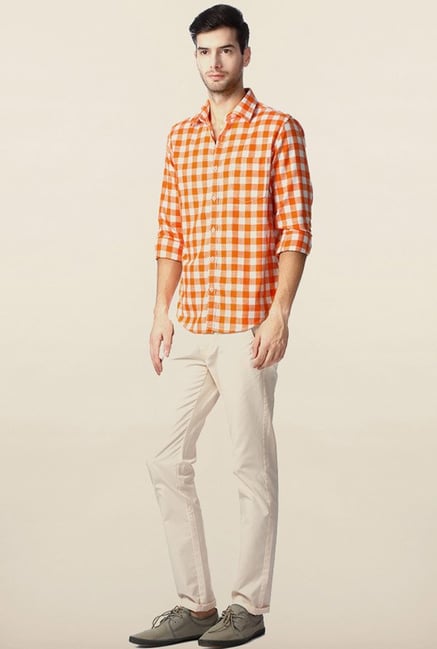 Peter England Orange Checks Casual Shirt Peter England Orange Checks Casual Shirt