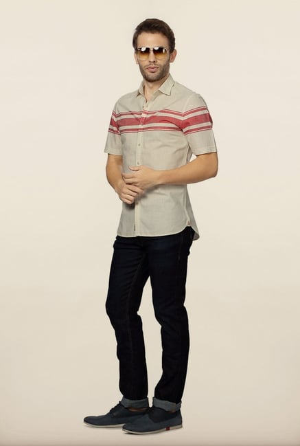 Peter England Cream Striped Casual Shirt Peter England Cream Striped Casual Shirt