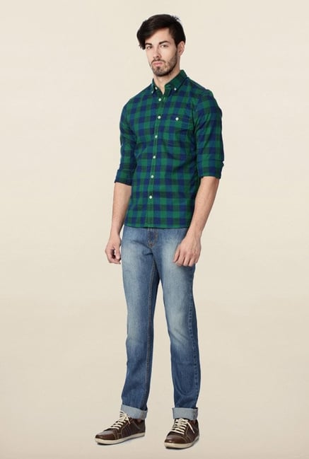 Peter England Green Checks Slim Fit Shirt Peter England Green Checks Slim Fit Shirt
