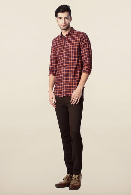 Peter England Orange Checks Casual Shirt Peter England Orange Checks Casual Shirt