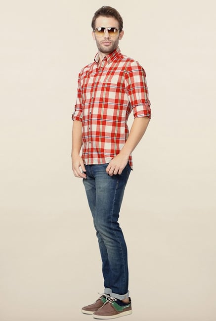 Peter England Red Checks Slim Fit Casual Shirt Peter England Red Checks Slim Fit Casual Shirt