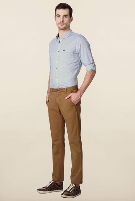 Peter England Khaki Solid Cotton Casual Chinos Peter England Khaki Solid Cotton Casual Chinos