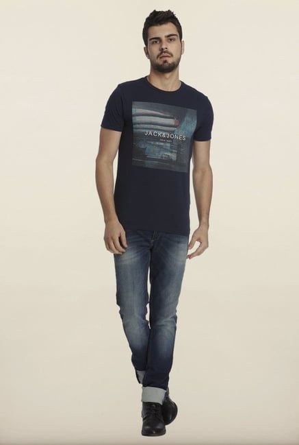 Jack & Jones Navy Graphic Print Crew T-Shirt Jack & Jones Navy Graphic Print Crew T-Shirt