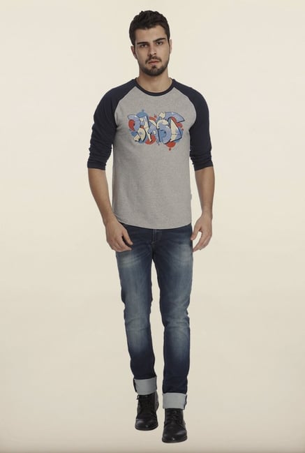 Jack & Jones Grey And Navy Graphic Print Crew T-Shirt Jack & Jones Grey And Navy Graphic Print Crew T-Shirt