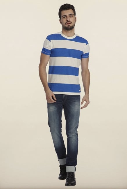 Jack & Jones White And Blue Striped Crew T-Shirt Jack & Jones White And Blue Striped Crew T-Shirt