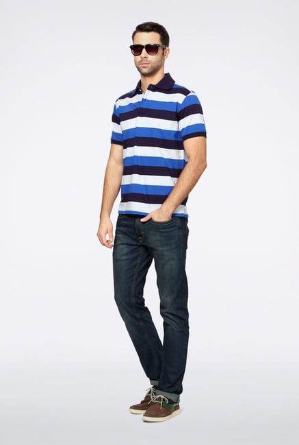 Allen Solly Blue & White Striped Polo T-Shirt Allen Solly Blue & White Striped Polo T-Shirt