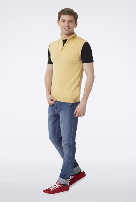 Peter England Yellow Solid Sleeveless Sweater Peter England Yellow Solid Sleeveless Sweater